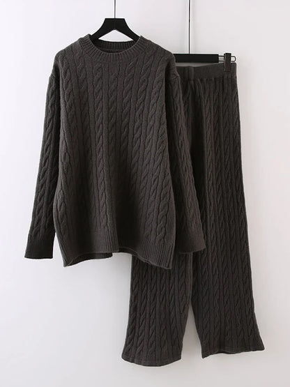 Autumn Knit Outfits Two Piece Sets Rib Loose Pullover and Wide Legs Pants Sweater Suit Matching Sets