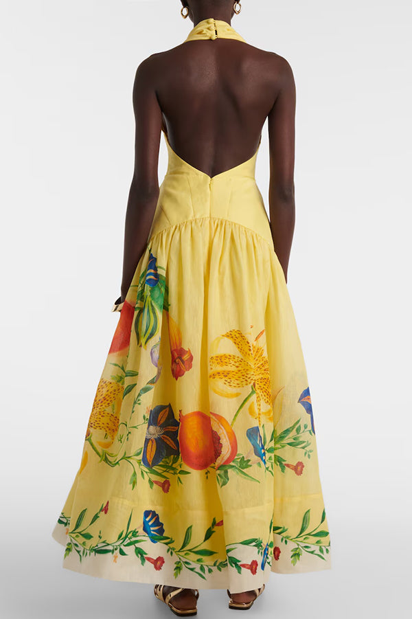 Print Halterneck Open Back Full Hem Maxi Dress