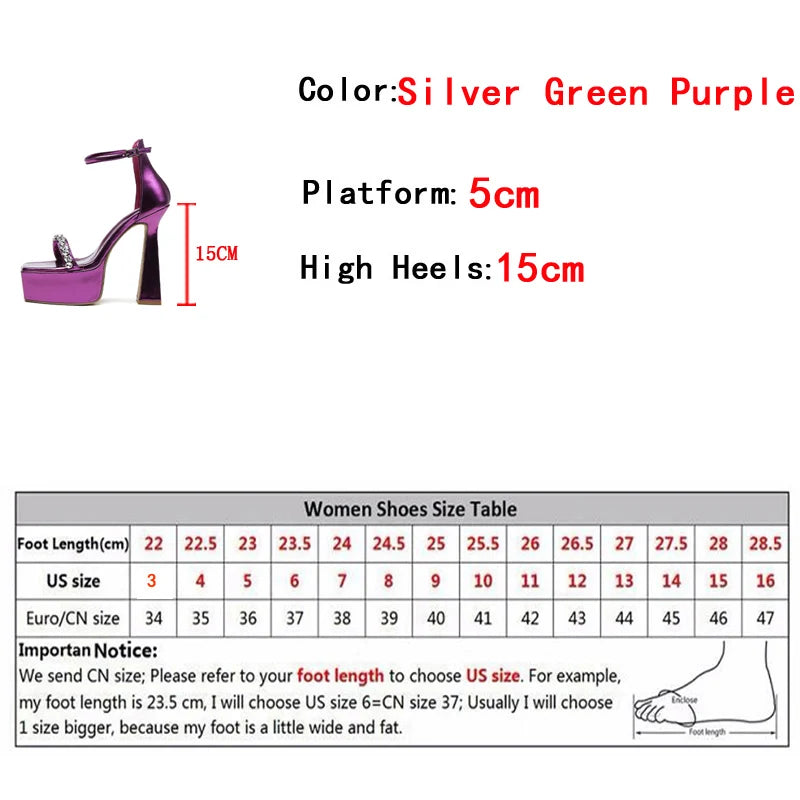 Liyke Silver Green Ankle Strap Sandals Crystal Square Toe High Heels Platform Shoes