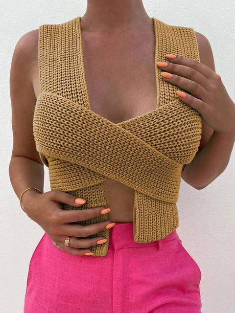 New Diy Style Knitted Tank Top Sweater Female High Waist Camisole Backless Bandage Tops