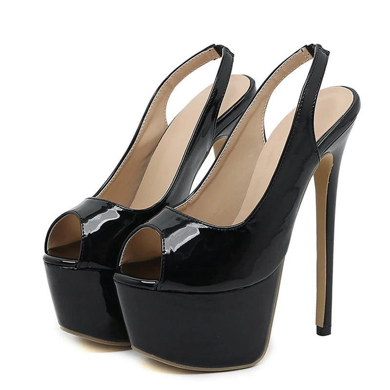 Liyke Black High Heels – 16cm Shoes, Size 35-42, Patent Leather Peep Toe Platform Pumps