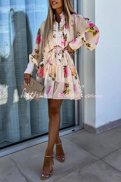 Sunset and Dreams Print Subtle Tuck Lantern Sleeve Belt Mini Dress