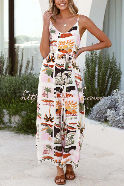 Unique Beach Vacation Print V-neck Suspenders Wide-leg Jumpsuit