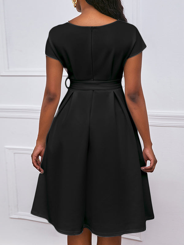 Bowknot Lace-up Color V-neck Midi Dresses