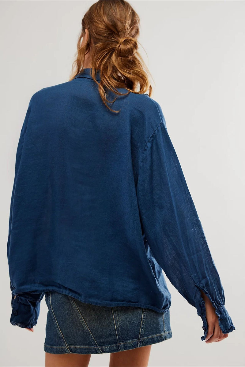 Linen Ruffled Long-sleeve Blouse