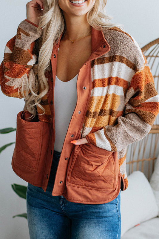 Striped Contrasting Loose Long-sleeved Fur Coat