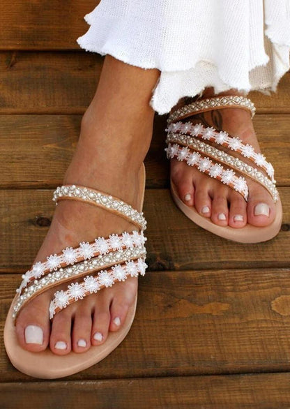 Beaded Lace Flat Slippers With Round Toe