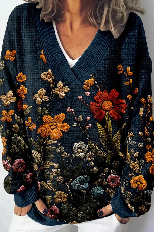 Unique Printed V-neck Long Sleeve Loose Sweater