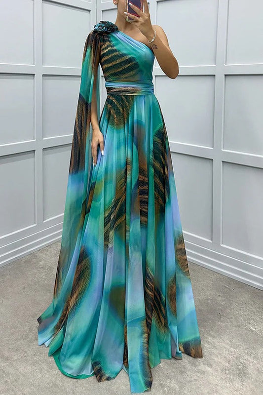 Lucia Unique Print Detail One Shoulder Draped Sleeve Gown Maxi Dress