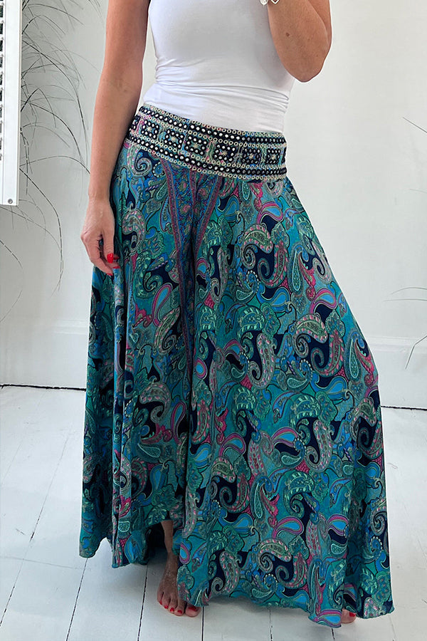 Paisley Print Elastic Patchwork Waist Lightweight Pants