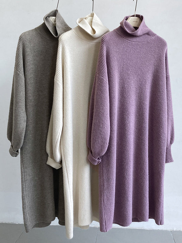 Urban Loose Purple High-neck Long Puff Sleeve Sweater Dress An1052