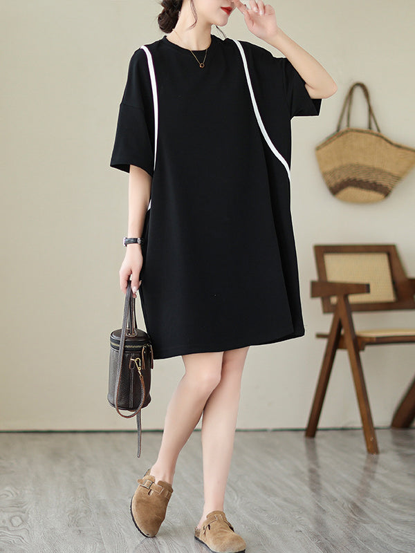 Loose Short Sleeves Split-joint Round-neck Mini Dresses