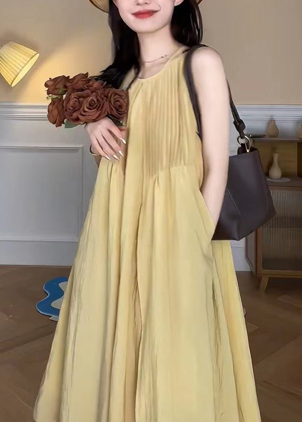 Yellow O Neck Pockets Cotton Long Dress Sleeveless Tt1048