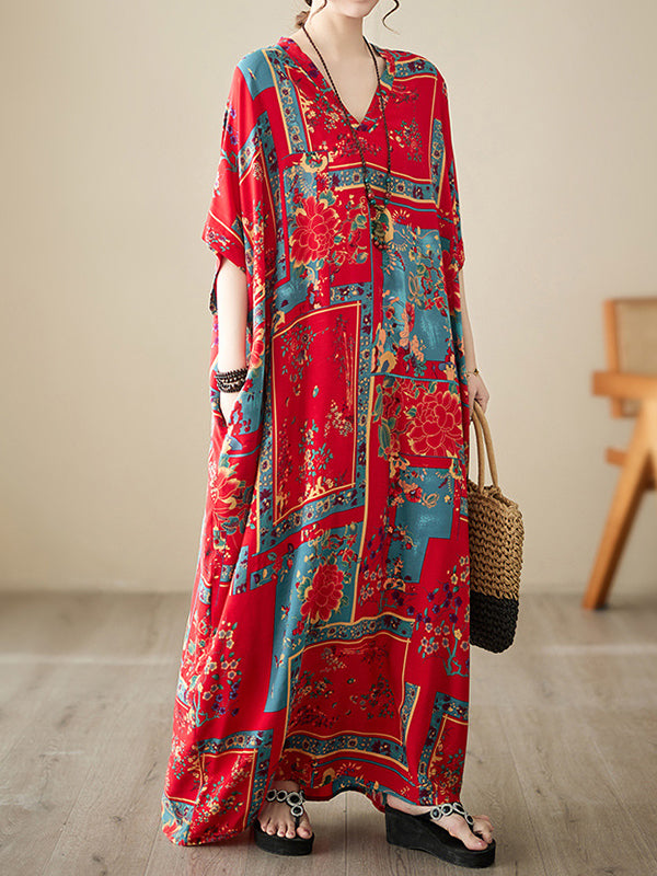 Loose Short Sleeves Printed Multi-colored V-neck Maxi Dresses