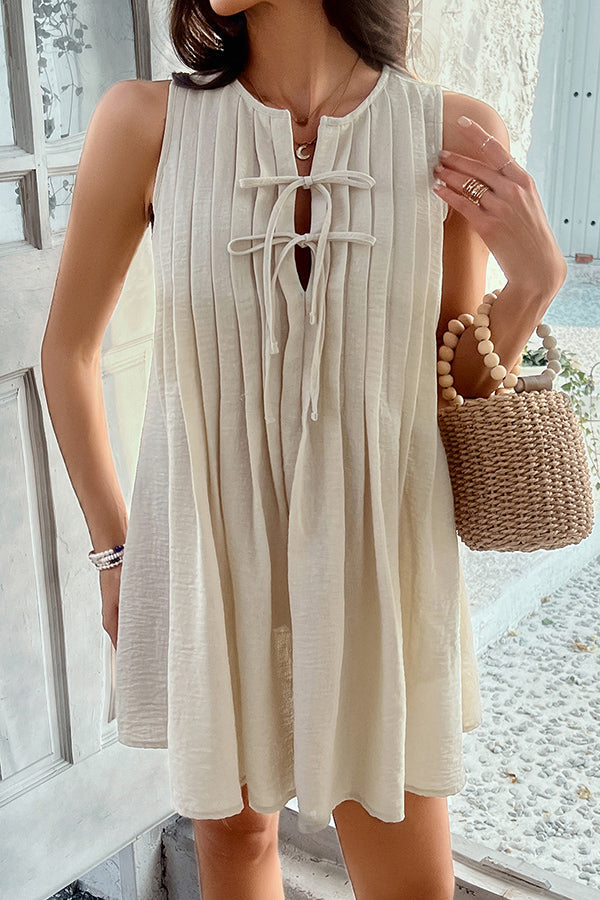 Color Sleeveless Tie Pleated Mini Dress
