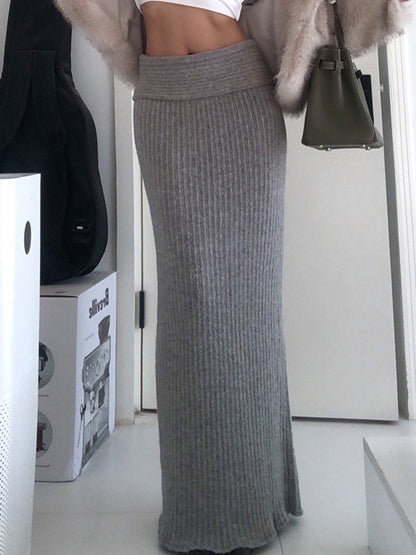 Grey Turned Waist Low Rise Maxi Skirt