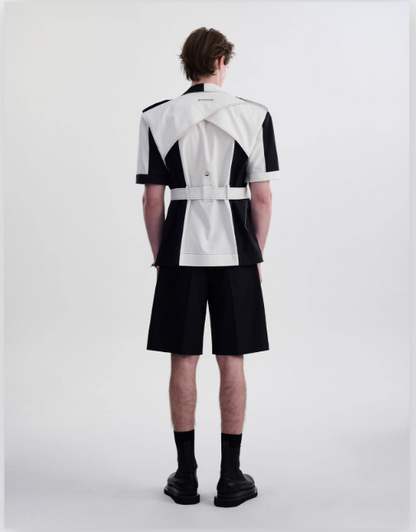 B&w Structured Belted Shirt & Shorts Set