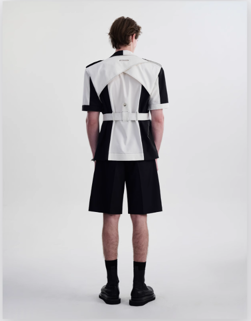 B&w Structured Belted Shirt & Shorts Set