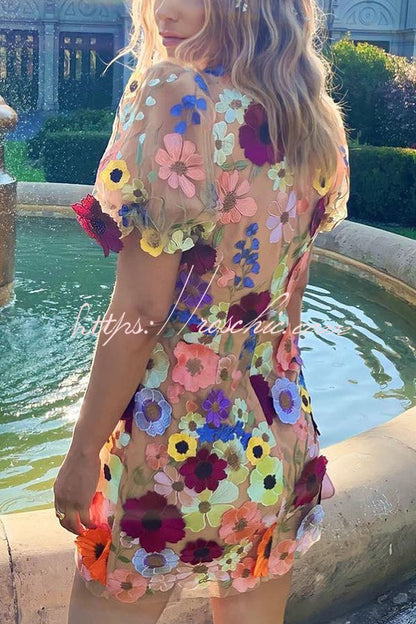 Garden Gala Embroidered Applique Puff Sleeve Mini Dress