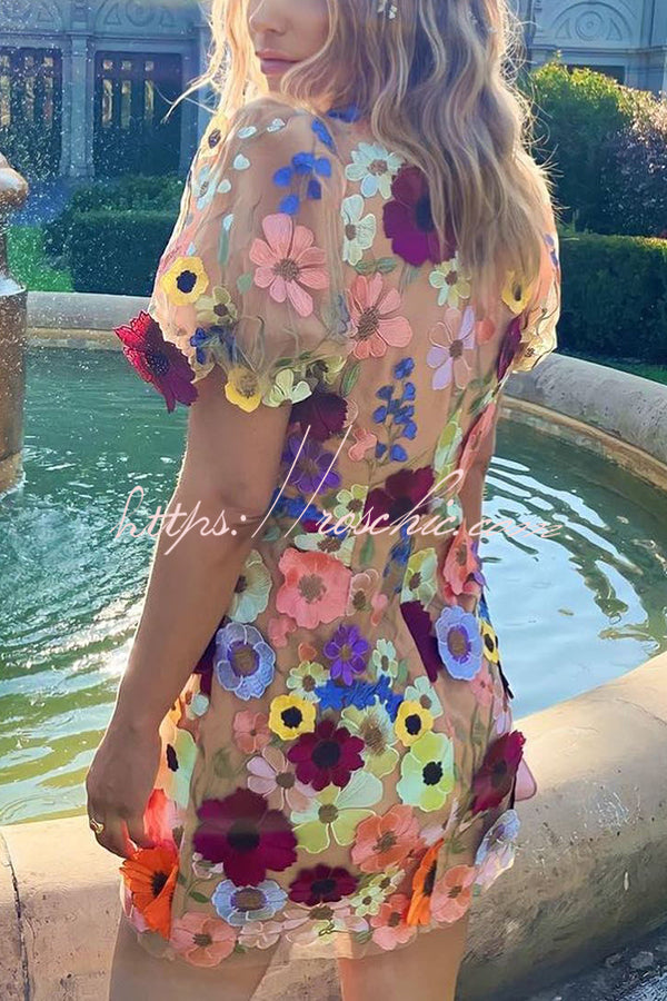 Garden Gala Embroidered Applique Puff Sleeve Mini Dress