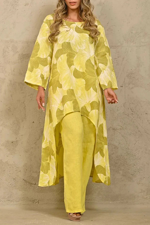 Exquisite Print Crew Neck Paneled Pant Suit