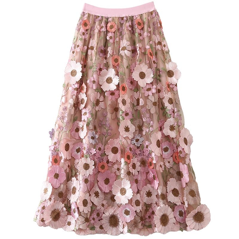 Vacation Elastic Waist Pink Embroidery Patch Tulle Skirt