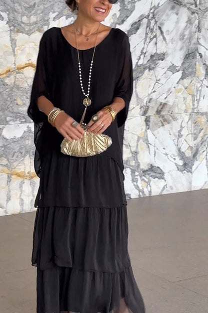 Color Crew Neck Loose Tiered Maxi Dress