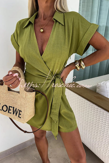 Relaxing Beach Linen Blend Color Wrap Loose Shirt Romper
