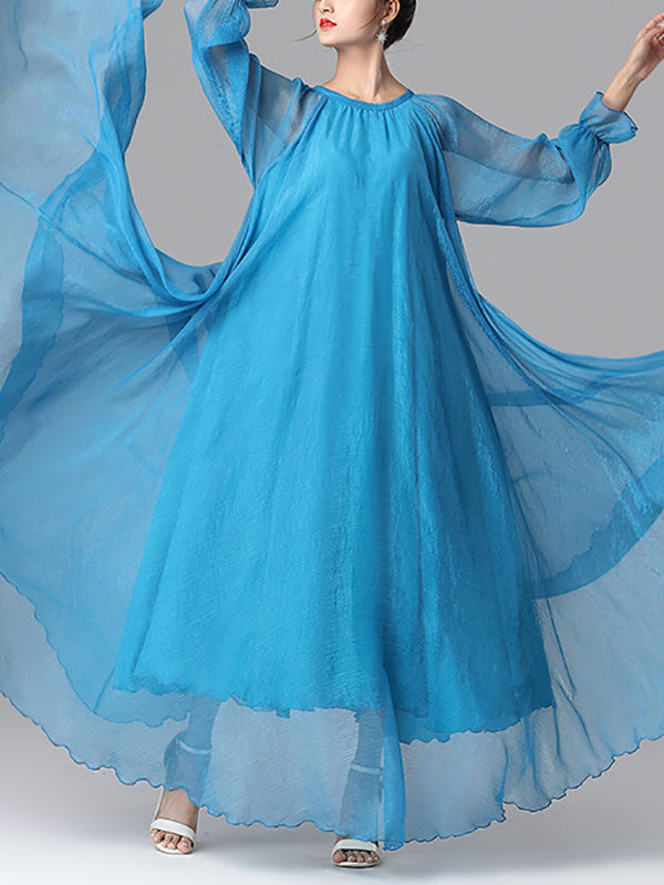 Long Sleeves Loose Falbala Gauze Pleated Color Tied Waist Round-neck Maxi Dresses
