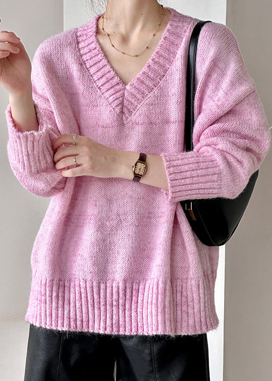 Loose Pink V Neck Hollow Out Cotton Knit Sweater Fall Af1091