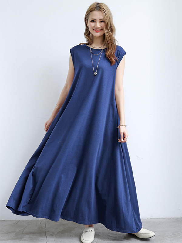 Simple Loose Sleeveless Color Round-neck Maxi Dresses