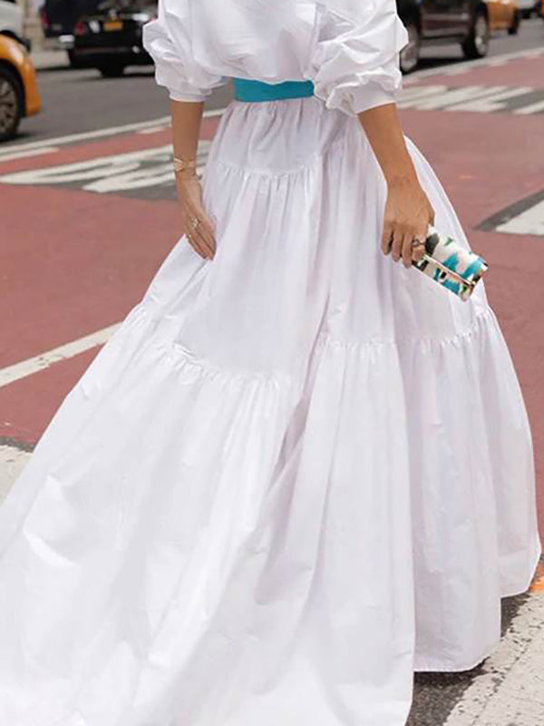 Long Sleeves Loose Belted Pleated Color Lapel Maxi Dresses
