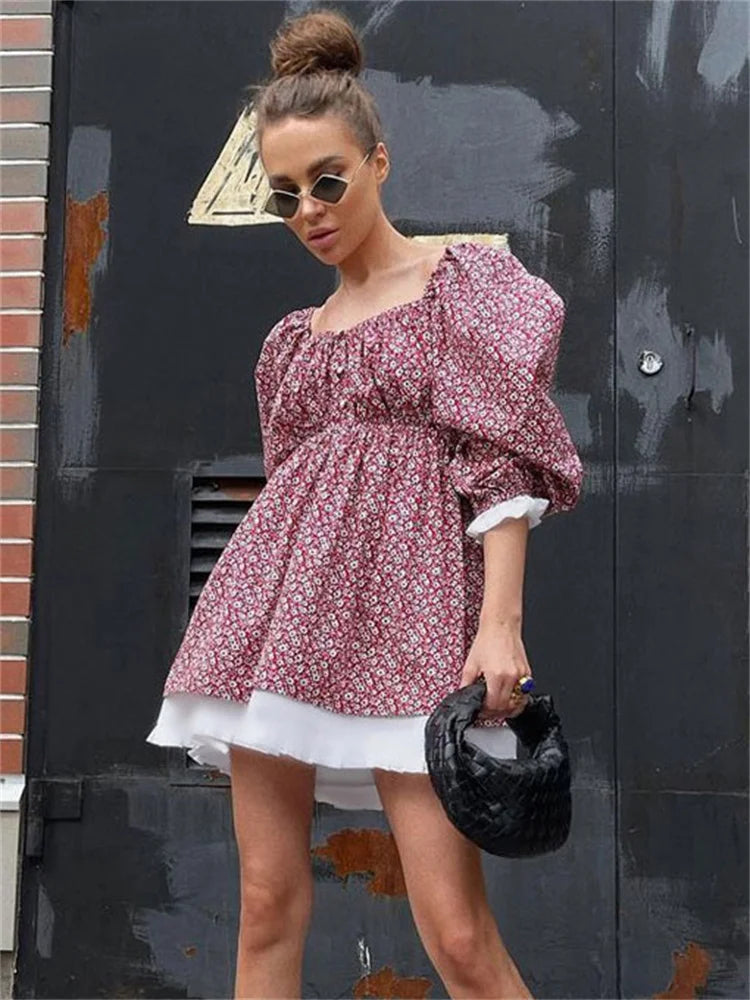 Printed Off-shoulder Ruffled Mini Dress for Square Collar Party Dress Evening Mini Dress