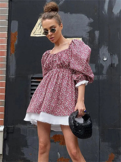 Printed Off-shoulder Ruffled Mini Dress for Square Collar Party Dress Evening Mini Dress