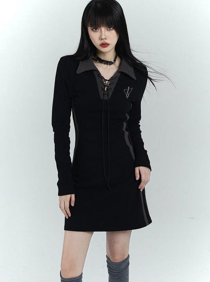 Lace-up Collar Mini Dress