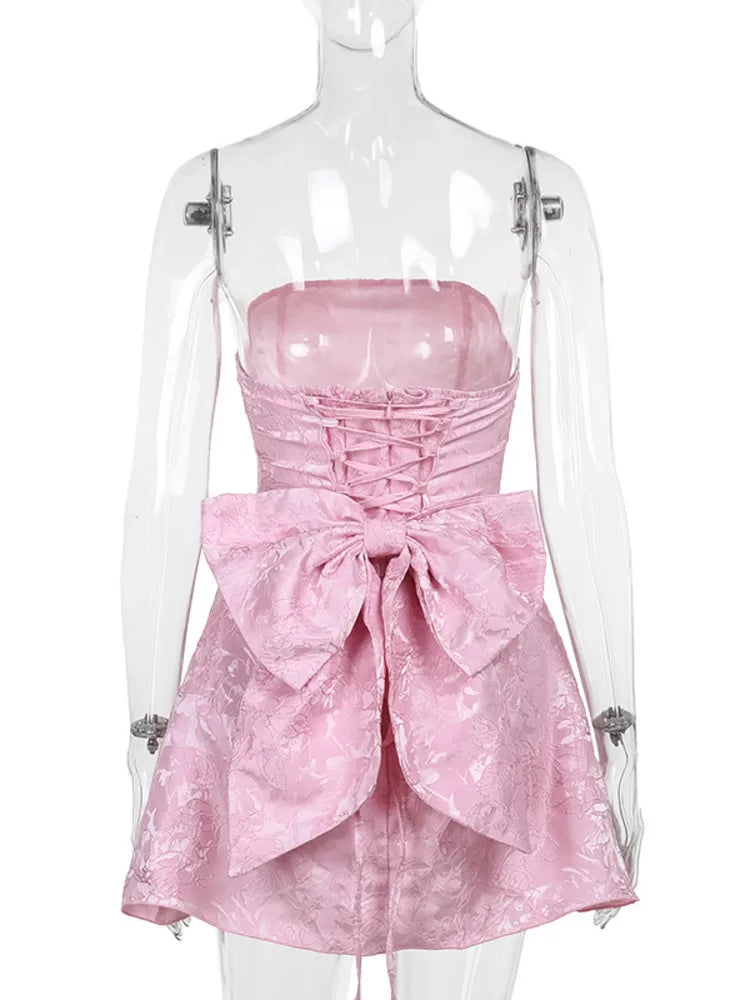 Backless Bow Mini Dress for Off-shoulder Strapless Sleeveless Bodycon Club Party Dress