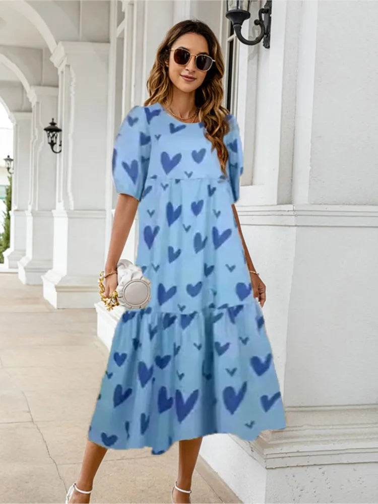 Summer New ’s Print Dress Puff Short Sleeves Ruffles Loose A-line Midi Dresses Beach Vacation Vestidos