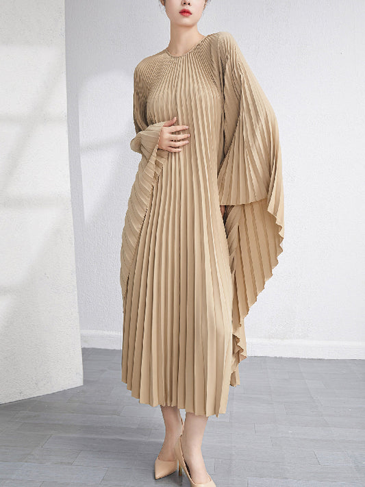 Batwing Sleeves Loose Pleated Color Maxi Dresses