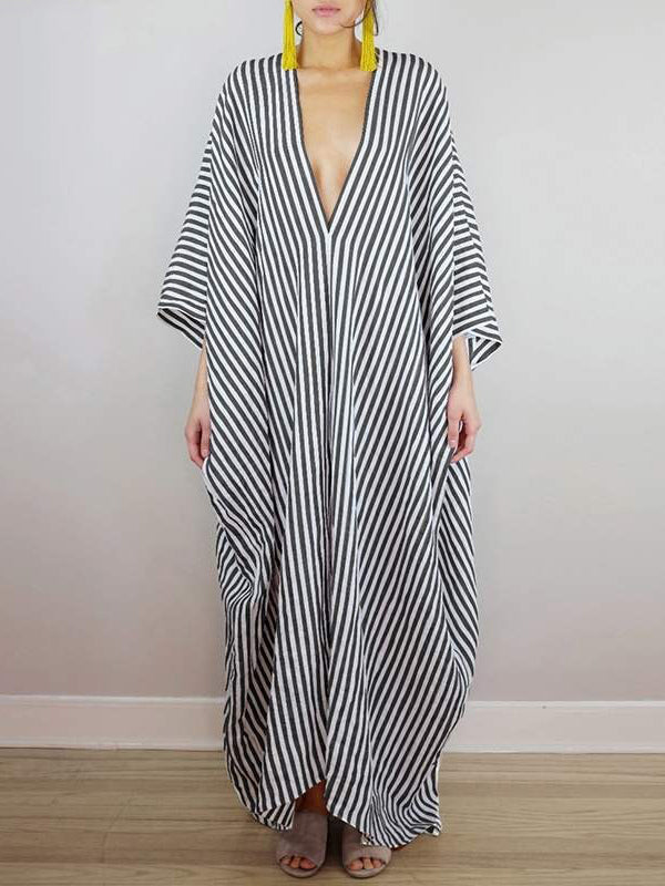 Batwing Sleeves Loose Striped V-back Deep V-neck Maxi Dresses