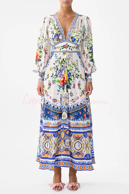 Fairy Tale Print V-neck Lantern Sleeve Waist Maxi Dress