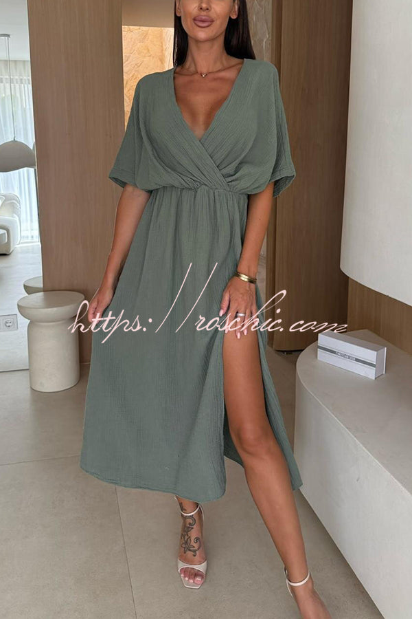 Linen Blend Color V-neck Short Sleeve Waist Loose Slit Midi Dress