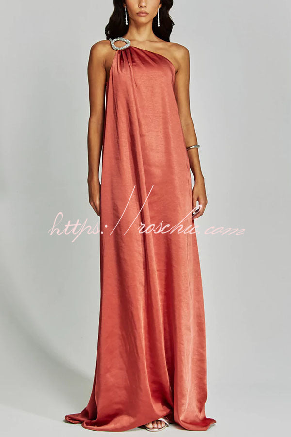 Charming Glance Satin Metal Hardware One Shoulder Loose Maxi Dress