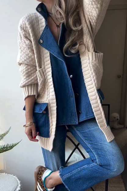 Collar Patchwork Knitted Coat