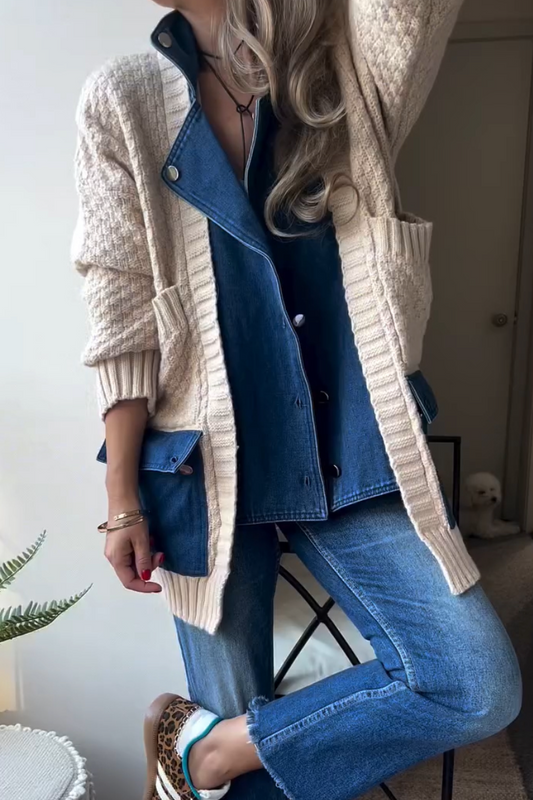 Collar Patchwork Knitted Coat