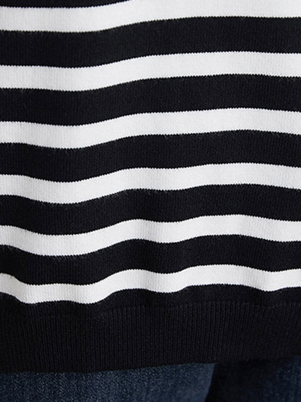 Loose Black V-neck Contrast Color Striped Long Sleeve Knit Sweater An1035