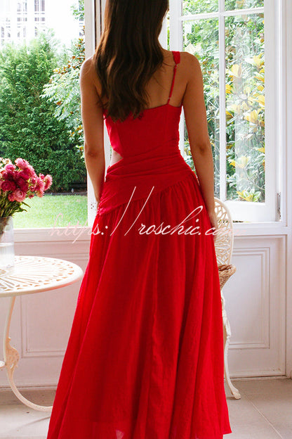 Color V-neck Waist Hollow Slim Maxi Dress