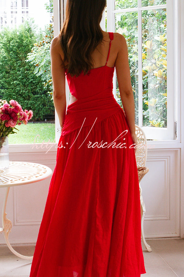 Color V-neck Waist Hollow Slim Maxi Dress
