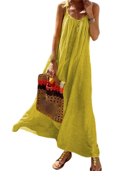 Color Spaghetti Strap Dresses Loose Backless Beach Vacation Long Dress Female Vestidos