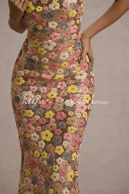 80's Inspired Print Sequin Square Neck Slip Stretch Maxi Dress