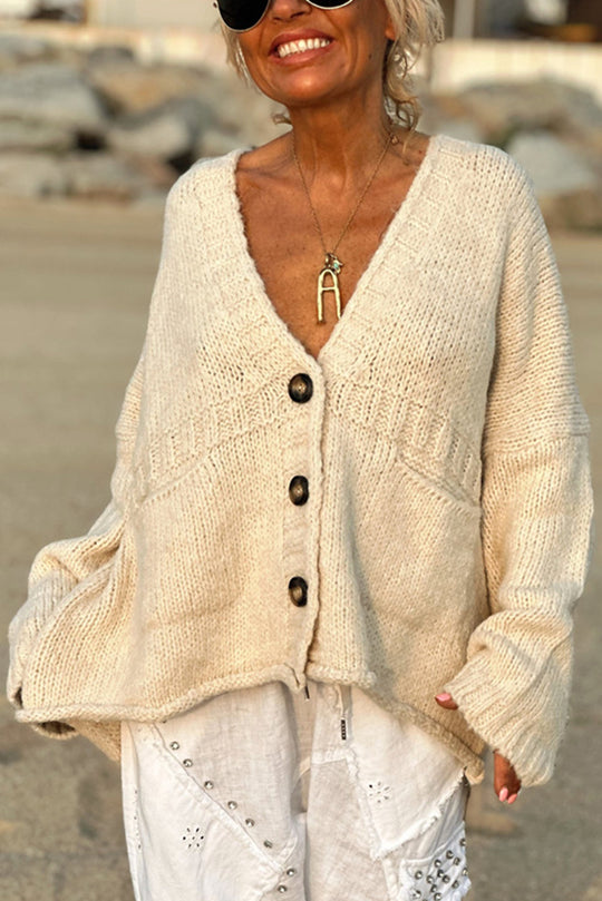 Color Loose Long Sleeve V-neck Pocket Knitted Sweater Cardigan